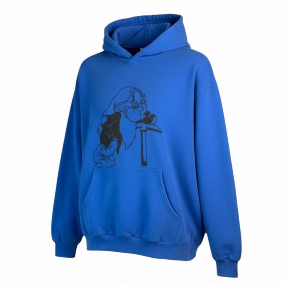 DISNEY WORLD Mens Grumpy Graphic Royal Blue Hoodie Pull on Kangaroo Pocket L
